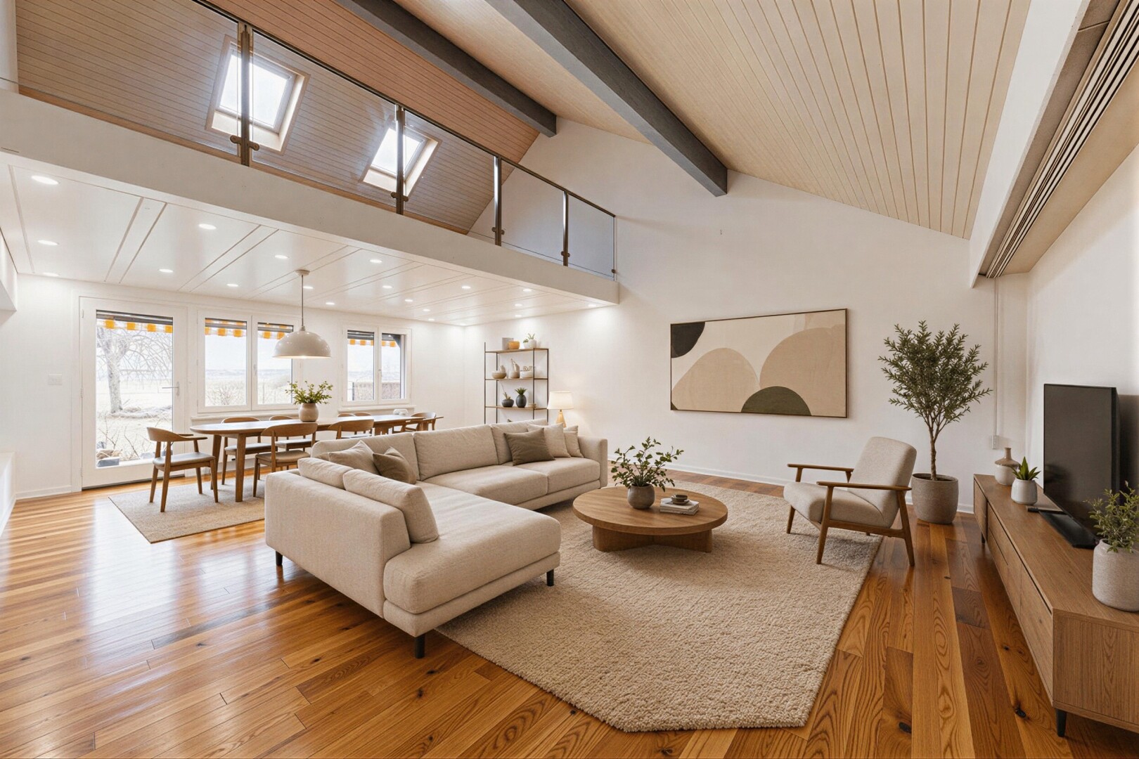 pièce vide avec high ceiling, plafond haut, natural light, lumière naturelle, et beamed ceiling
