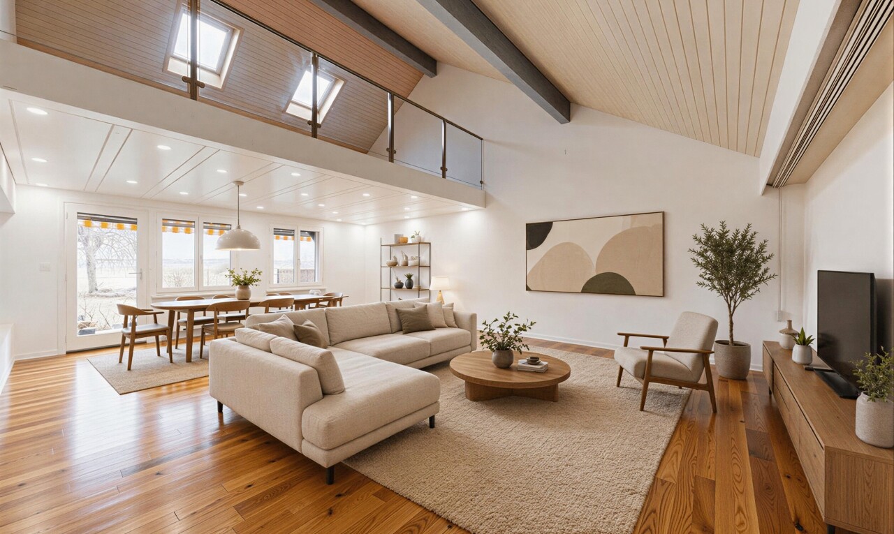 pièce vide avec high ceiling, plafond haut, natural light, lumière naturelle, et beamed ceiling