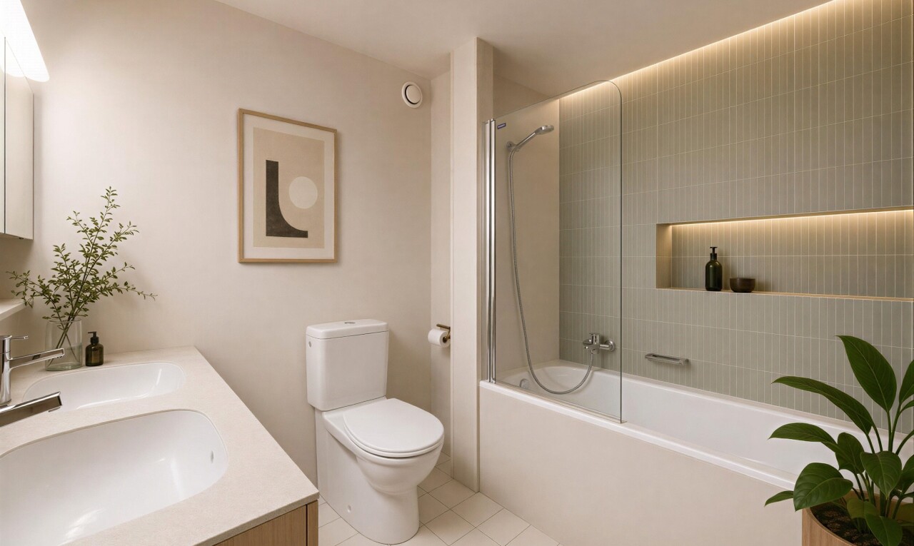 salle de bains avec salle de bain complète, douche-bain combinés, tile floor, sol en carrelage, et toilette