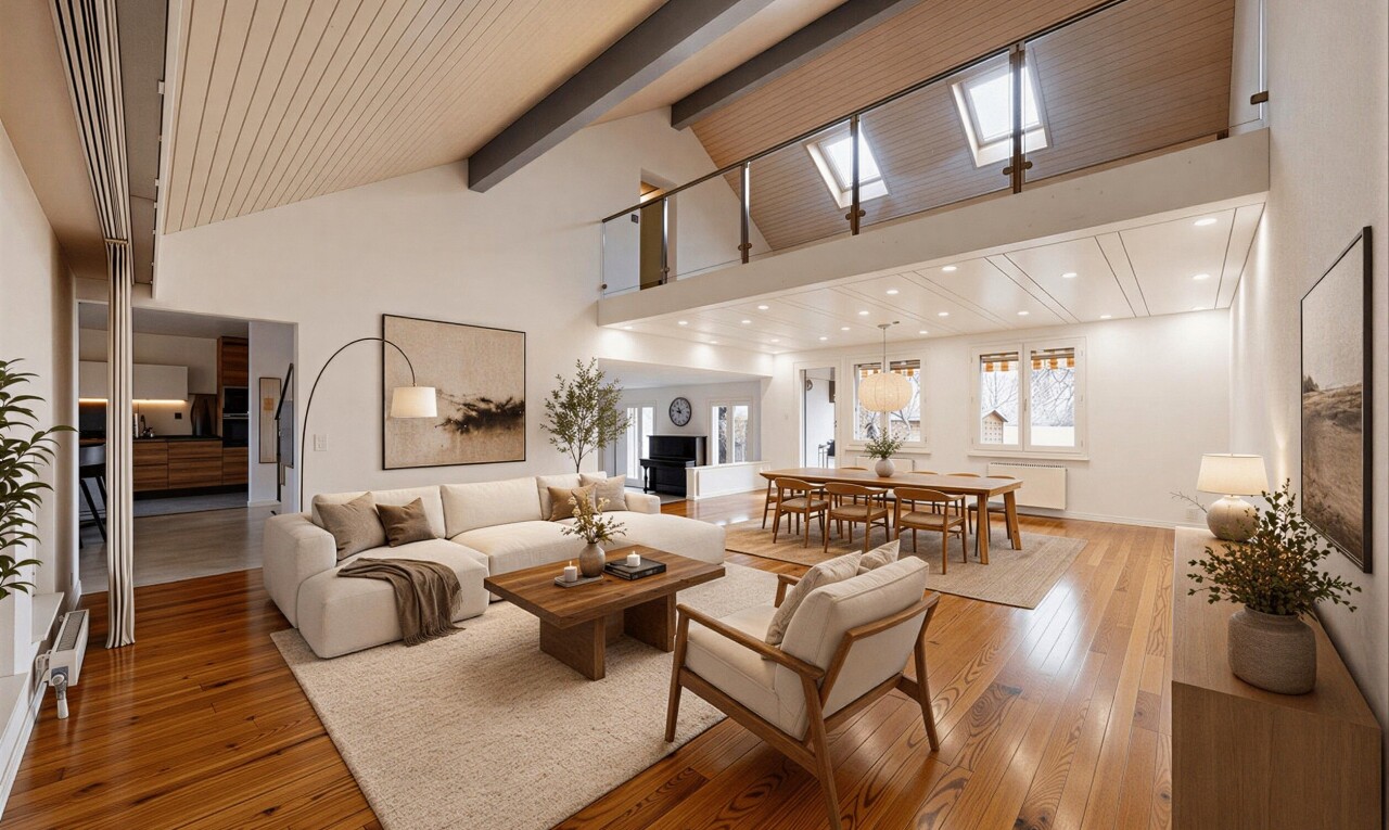 pièce vide avec inside property, beamed ceiling, plafond à poutres, high ceiling, et plafond haut