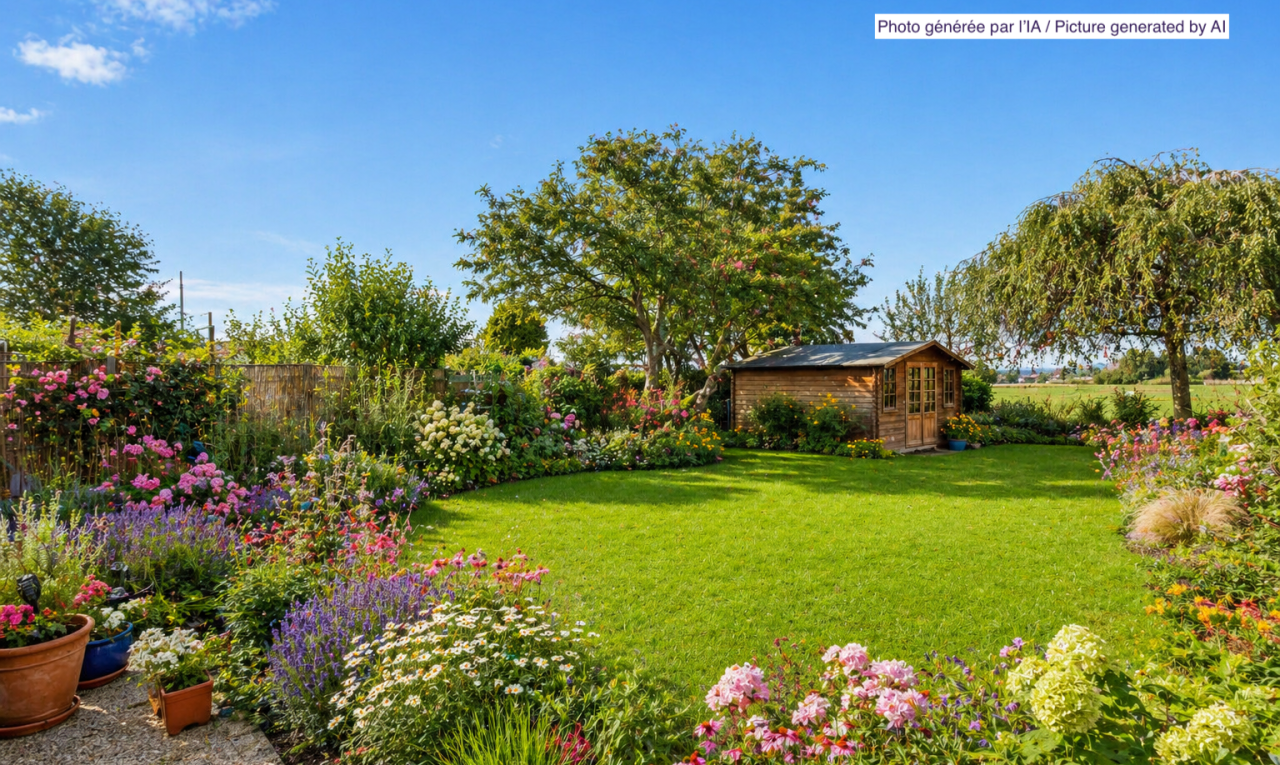 jardin avec structure extérieure, from property, day time, pelouse, et clôture