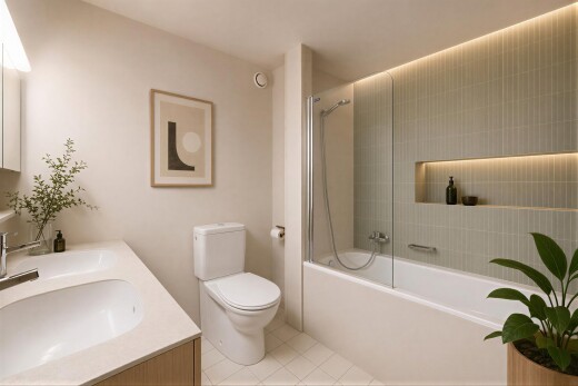 salle de bains avec salle de bain complète, douche-bain combinés, tile floor, sol en carrelage, et toilette