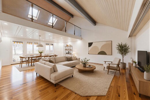 pièce vide avec high ceiling, plafond haut, natural light, lumière naturelle, et beamed ceiling