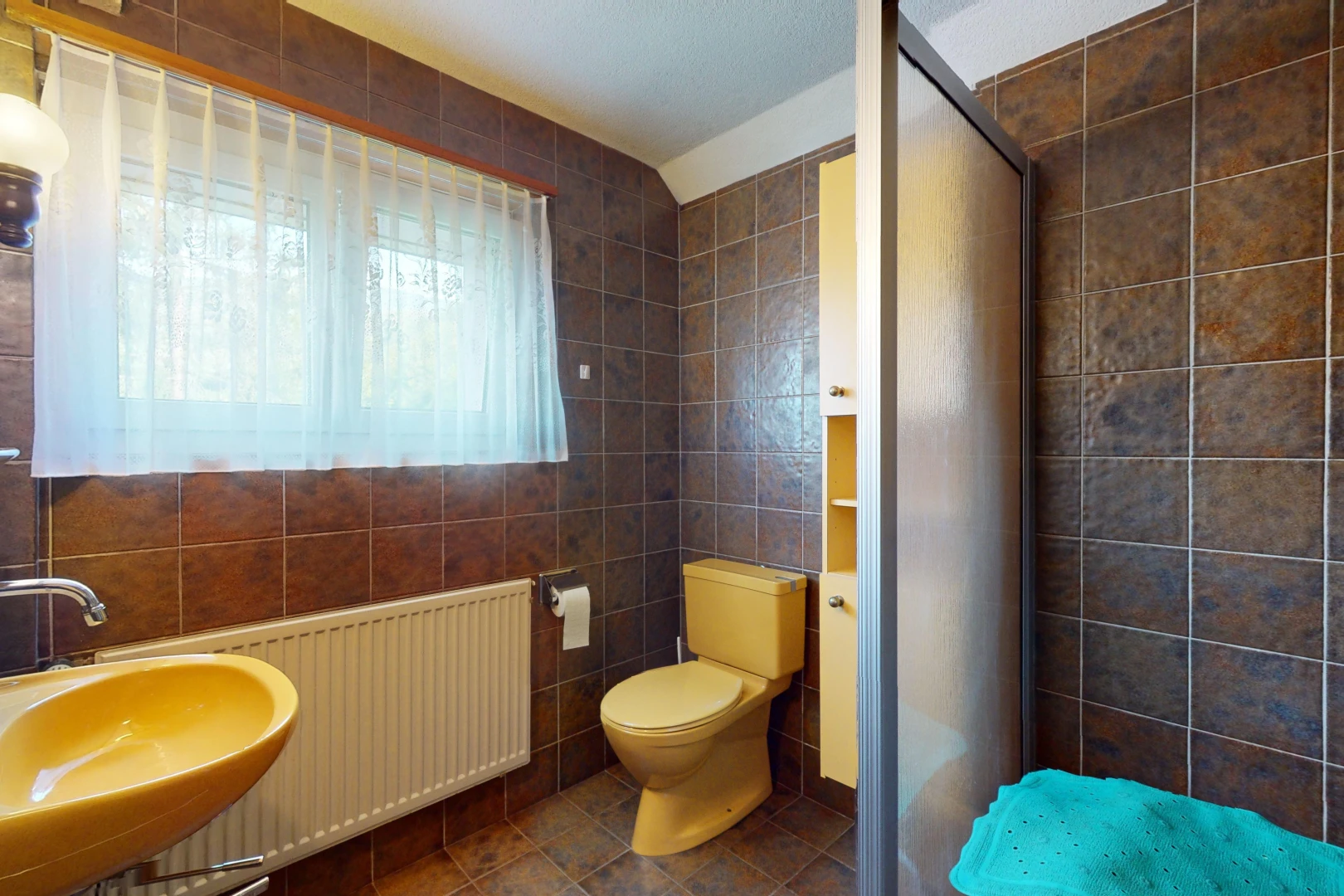 salle de bains avec douche, toilettes, mur carrelé, radiateur, et lumière naturelle