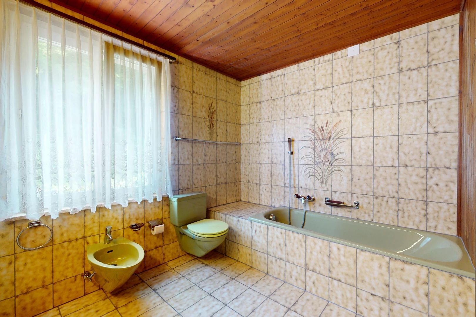 salle de bains avec baignoire, plafond de bois, toilettes, bidet, et lumière naturelle