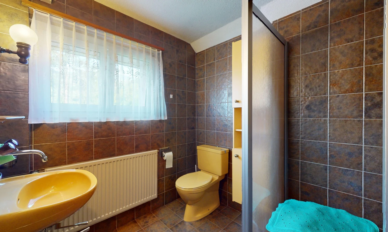 salle de bains avec douche, toilettes, mur carrelé, radiateur, et lumière naturelle