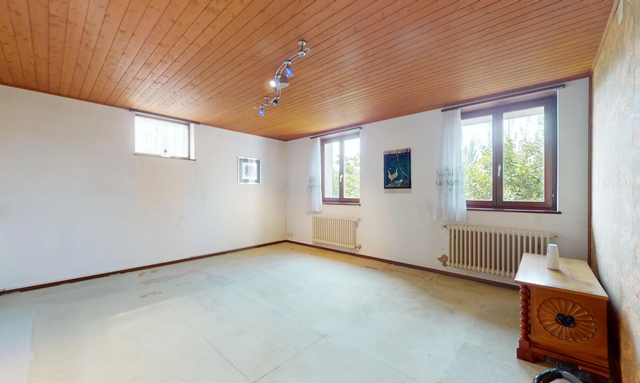 pièce vide avec radiateur, sol en béton, lumière naturelle, et plafond de bois