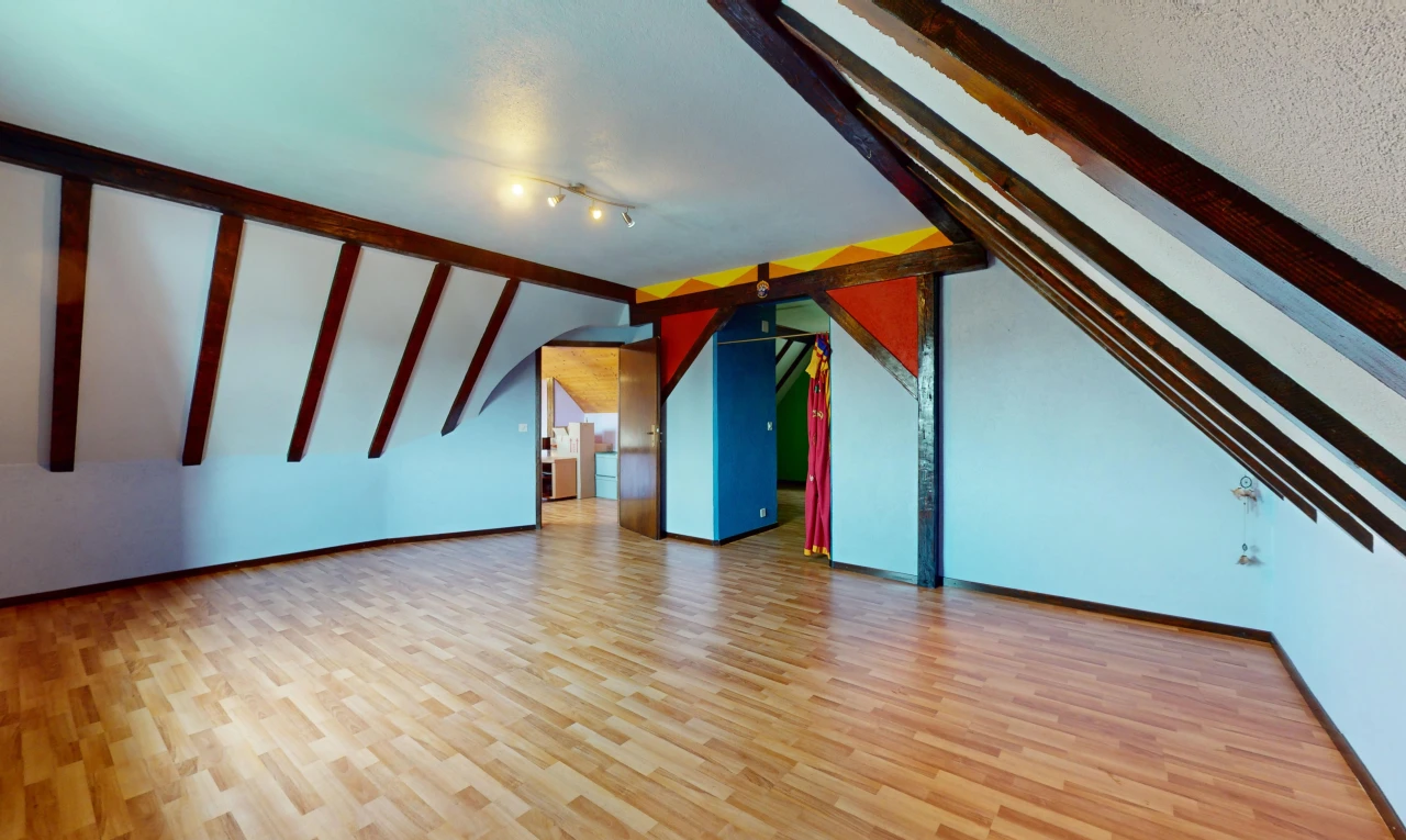 pièce vide avec passerelles voûtées, plancher de bois, plafond en crépis, et plafond voûté