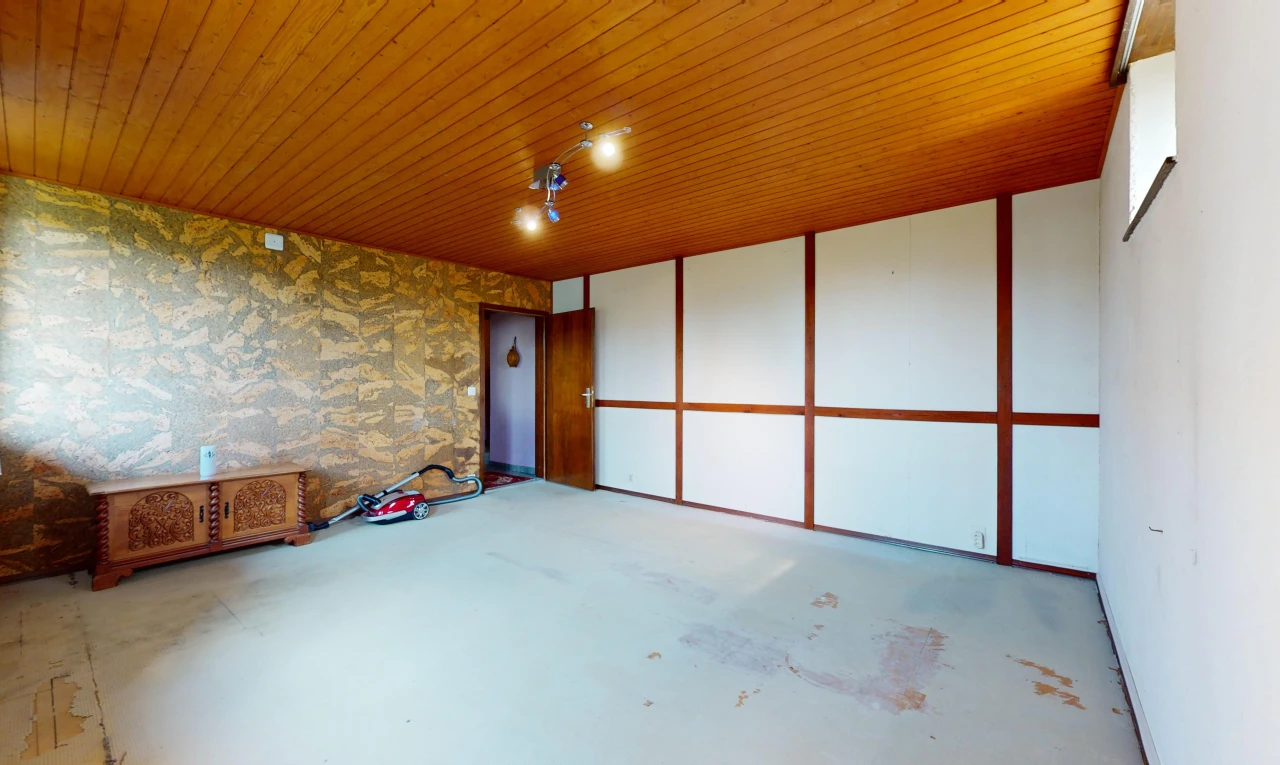 pièce vide avec sol en béton et plafond de bois