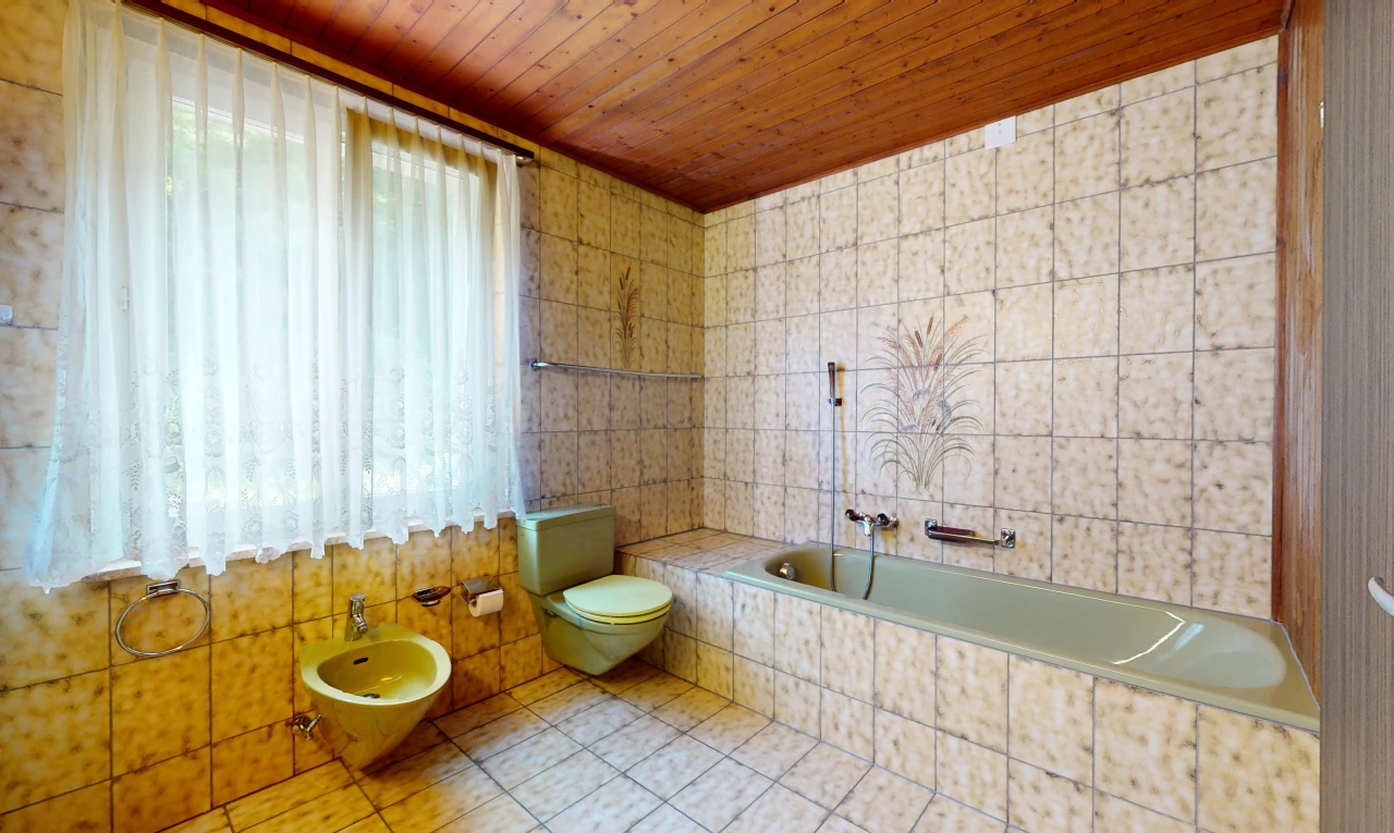 salle de bains avec baignoire, plafond de bois, toilettes, bidet, et lumière naturelle