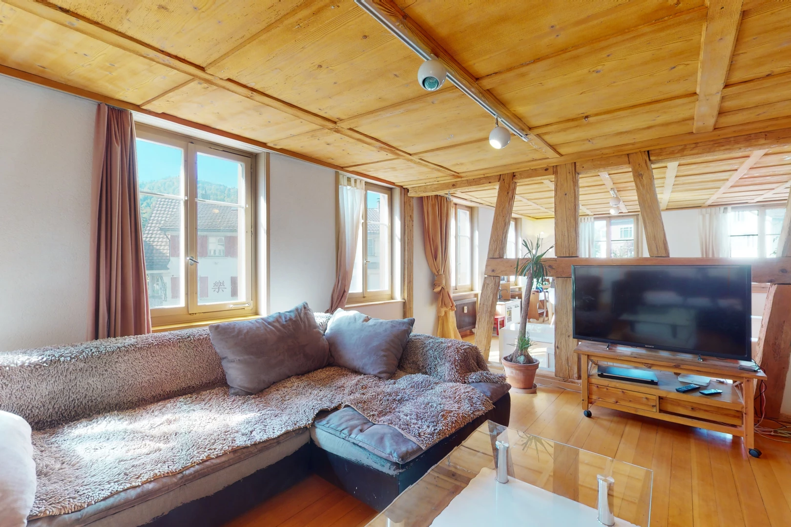 salon avec poutres apparentes, parquet, lumière naturelle, et télévision