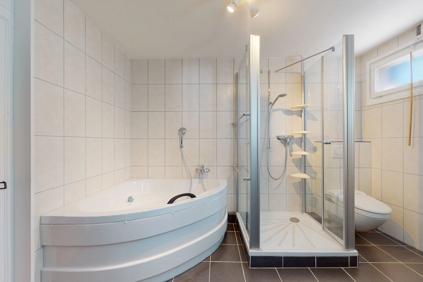 salle de bains avec carrelage, porte de douche, baignoire, toilettes, et douche