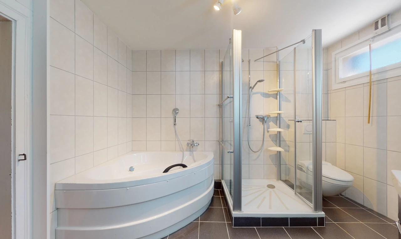 salle de bains avec carrelage, porte de douche, baignoire, toilettes, et douche