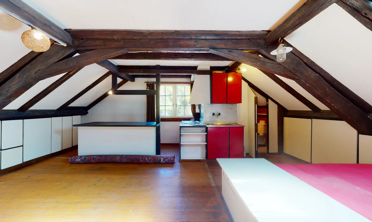 chambre bonus avec poutres apparentes, parquet, et plafond voûté