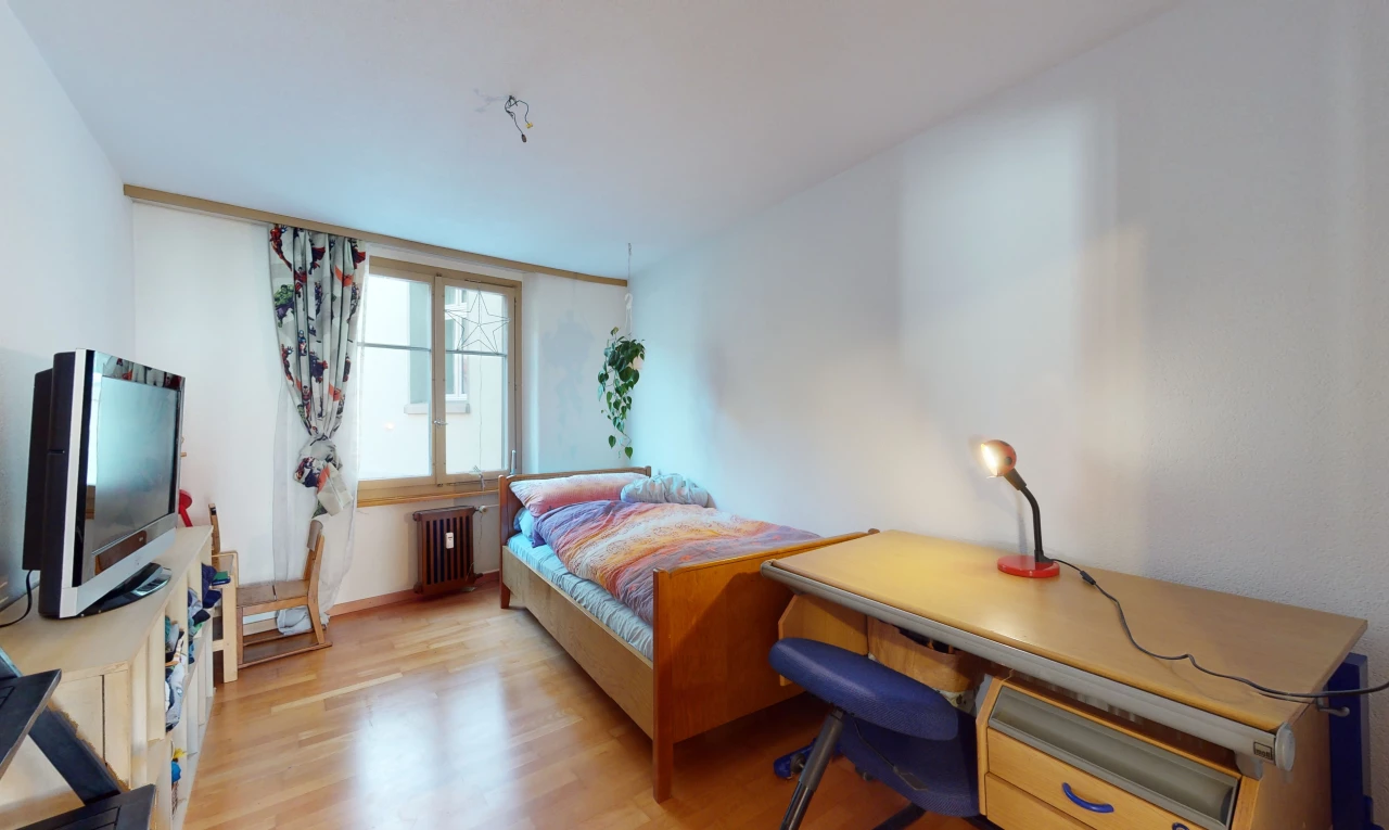 chambre à coucher avec lumière naturelle, parquet, radiateur, et télévision