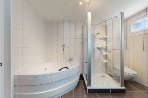 salle de bains avec carrelage, porte de douche, baignoire, toilettes, et douche
