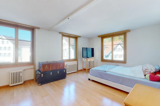 chambre à coucher avec lumière naturelle, poutres apparentes, parquet, radiateur, et télévision