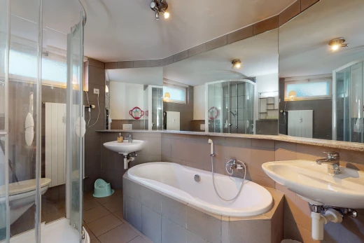 salle de bains avec porte de douche, vasque, douche, baignoire, et miroir