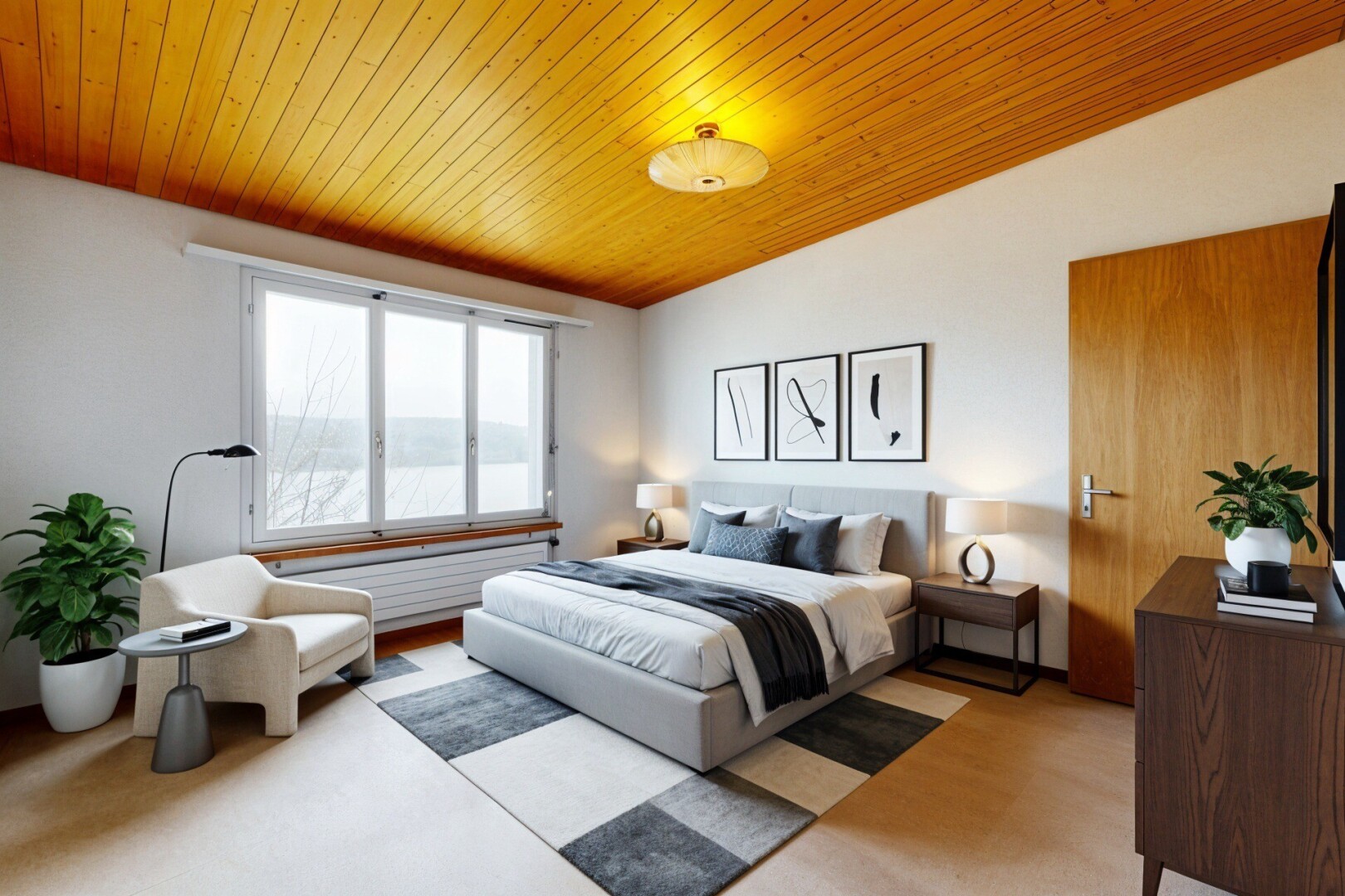 pièce vide avec lumière naturelle, natural light, plafond voûté, vaulted ceiling, et plafond en bois