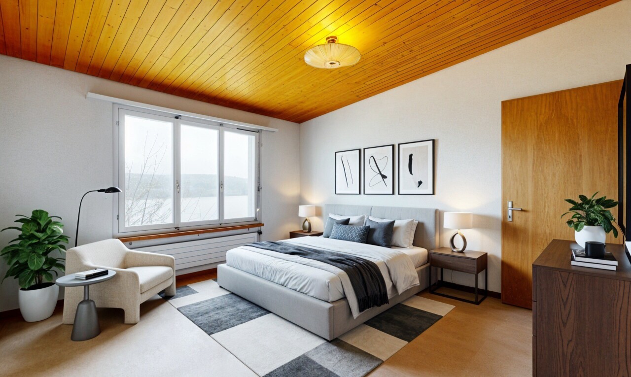 pièce vide avec lumière naturelle, natural light, plafond voûté, vaulted ceiling, et plafond en bois