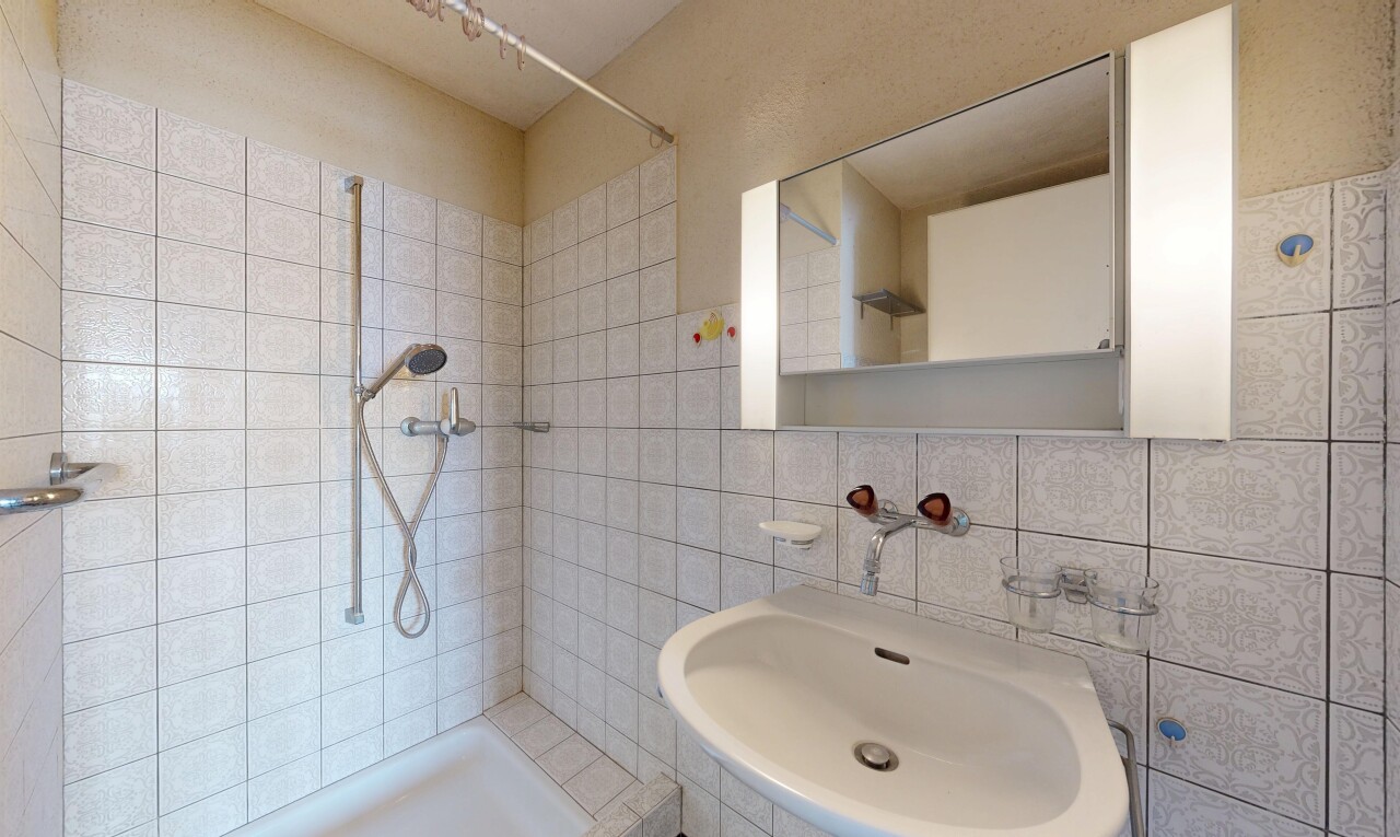 salle de bains avec évier, salle de bain complète, miroir, inside property, et douche