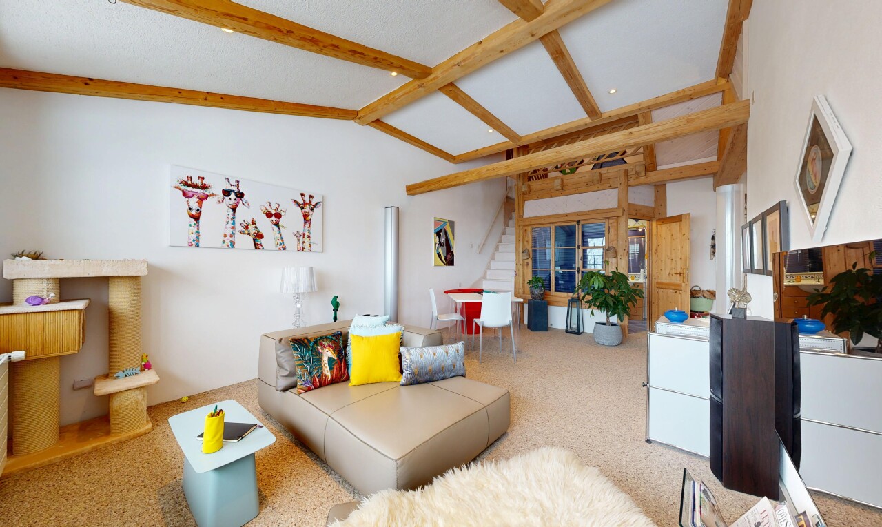 salon / salle à manger avec escaliers, inside property, plafond voûté, vaulted ceiling, et moquette