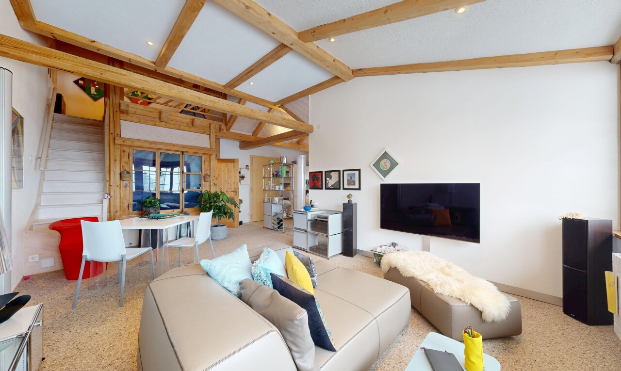 salon / salle à manger avec sol en agrégat, aggregate floor, télévision, inside property, et plafond voûté