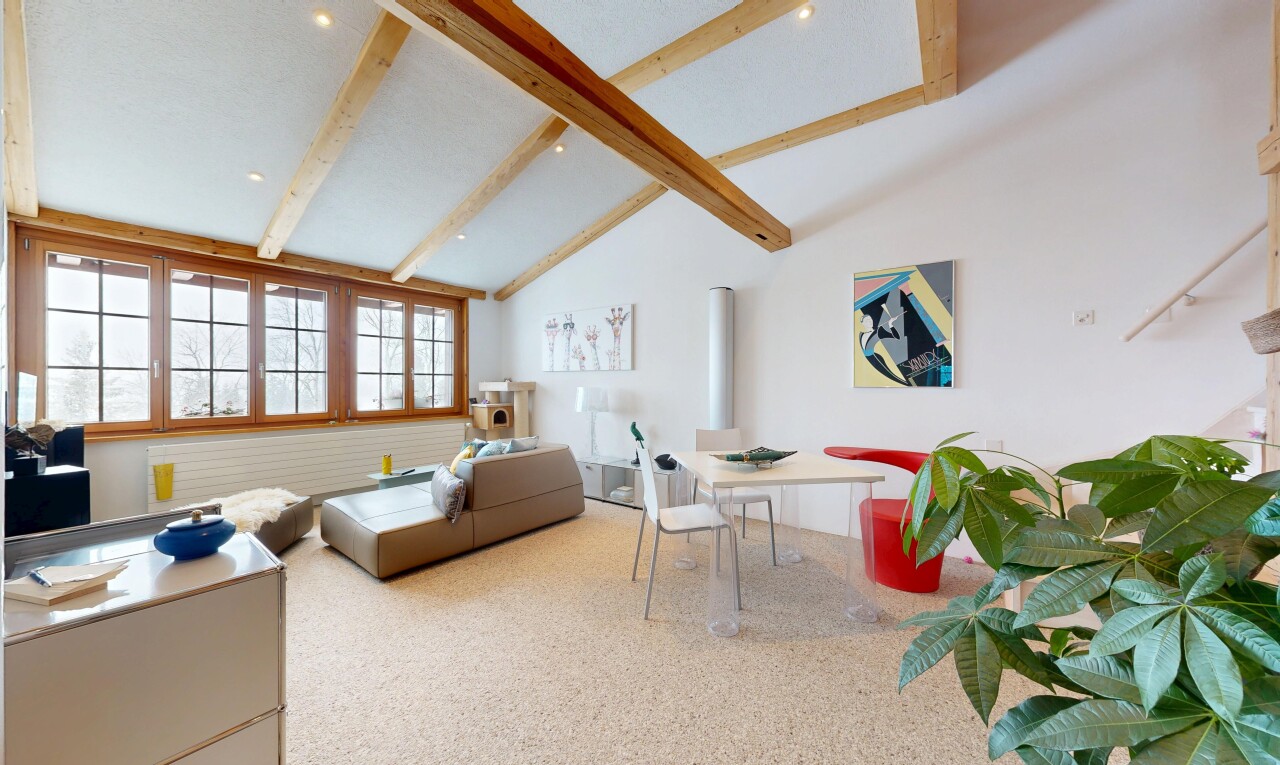 salon / salle à manger avec beamed ceiling, plafond à poutres, vaulted ceiling, plafond voûté, et inside property