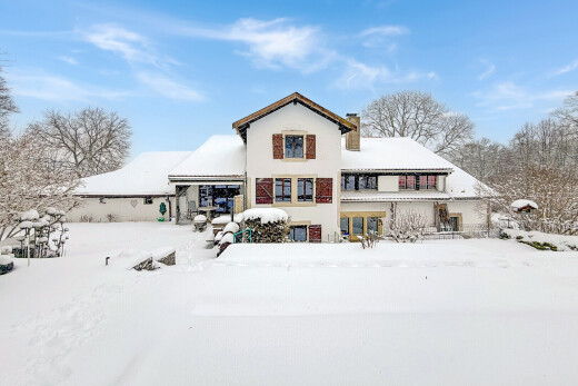 außenansicht mit property visible, schornstein, day time, snow, und stuckverkleidung