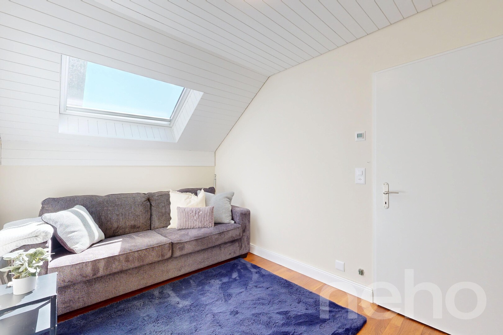 living area with lofted ceiling, wood finished floors, and a skylight