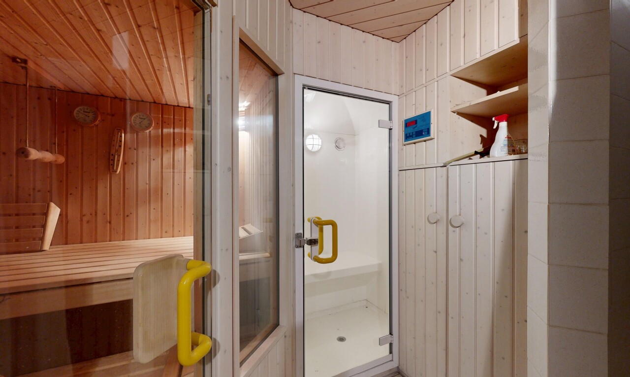 bad mit holzwand, wood wall, inside property, holzdecke, und wood ceiling