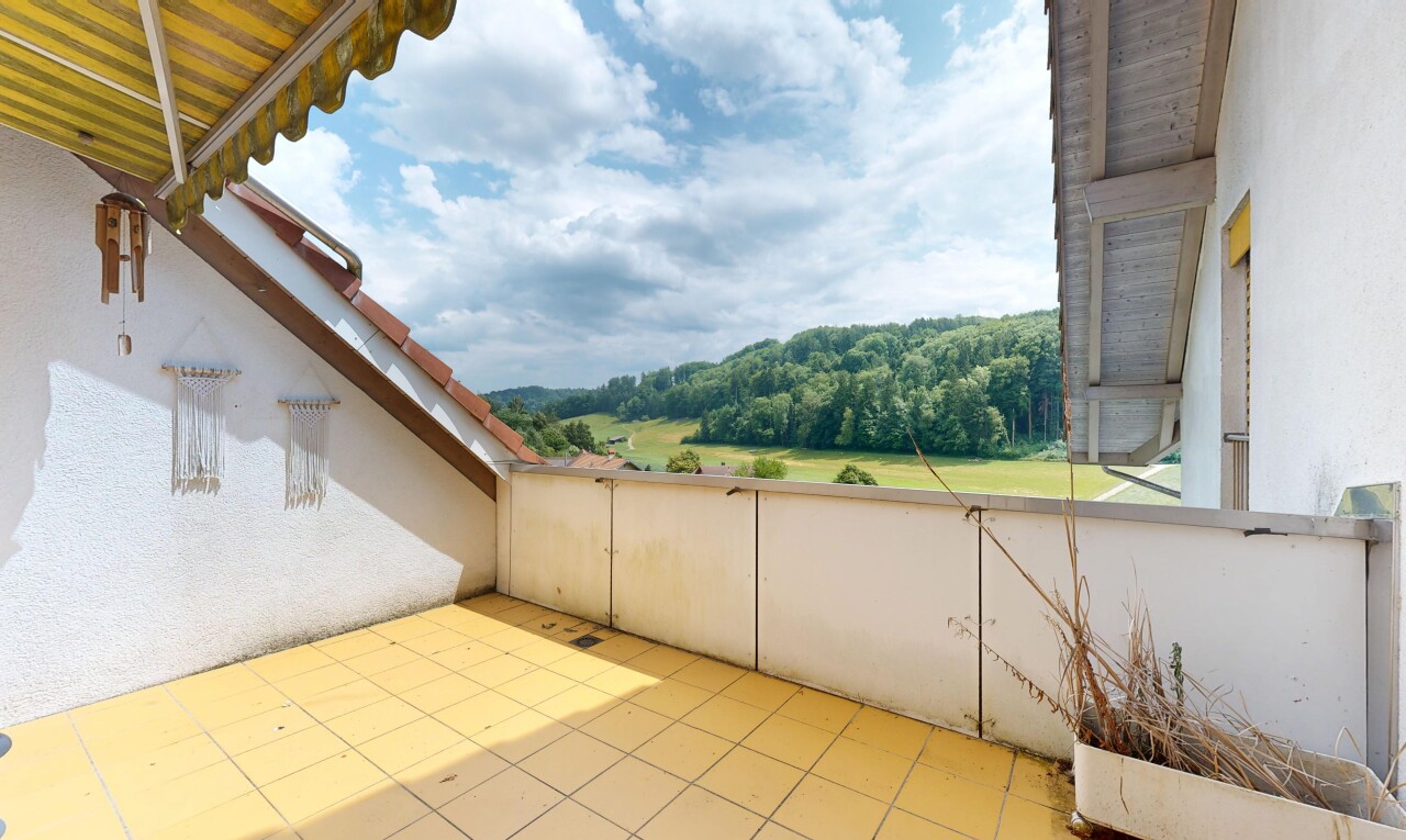 terrasse mit day time, markise, from property, forest view, und waldblick