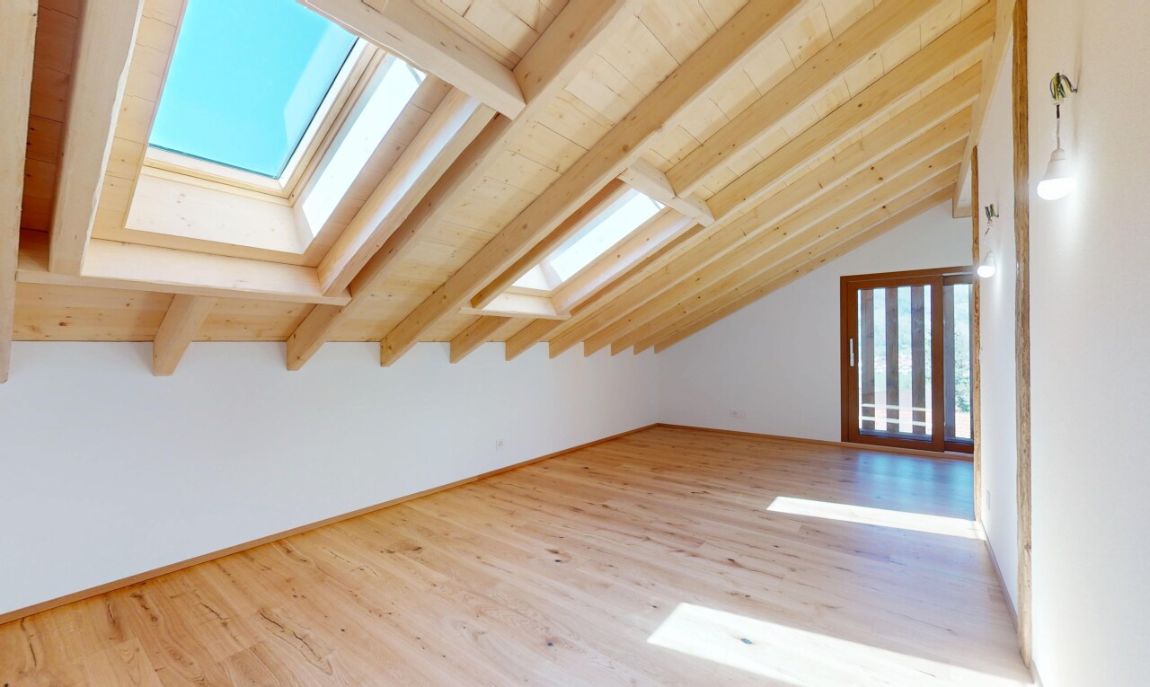 pièce vide avec cloison sèche, plafond voûté, puits de lumière, et plafond à poutres