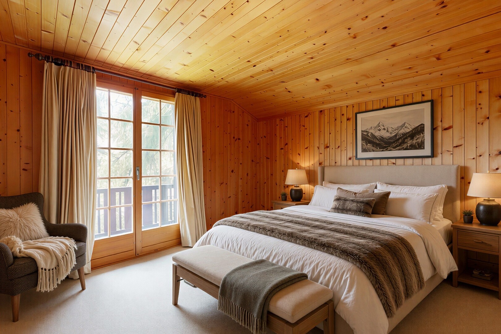 chambre avec wood wall, mur en bois, wood ceiling, plafond en bois, et carpet
