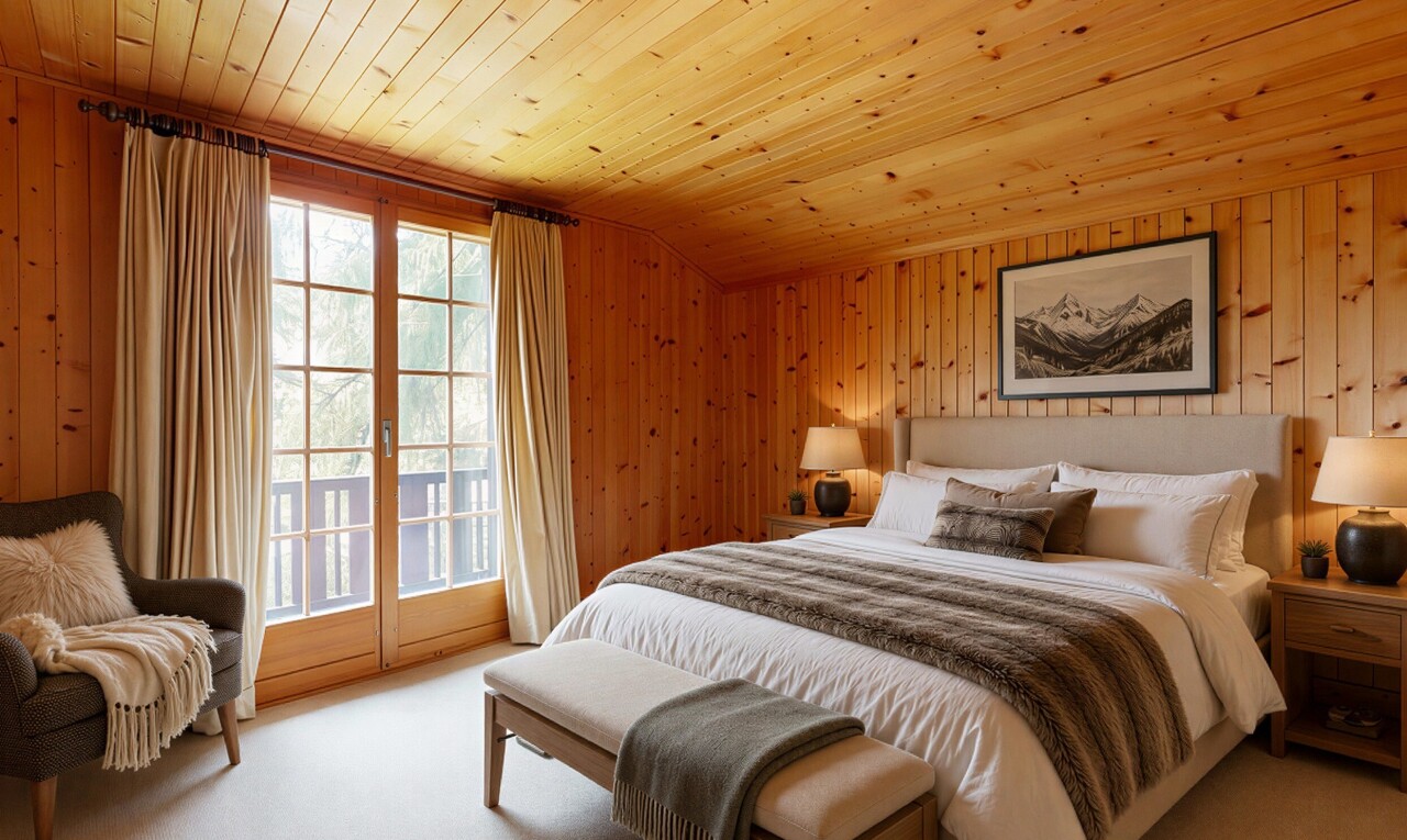 chambre avec wood wall, mur en bois, wood ceiling, plafond en bois, et carpet