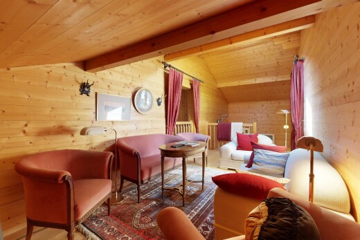 salon avec wood wall, mur en bois, high end ceiling, dated wood wall, et plafond voûté
