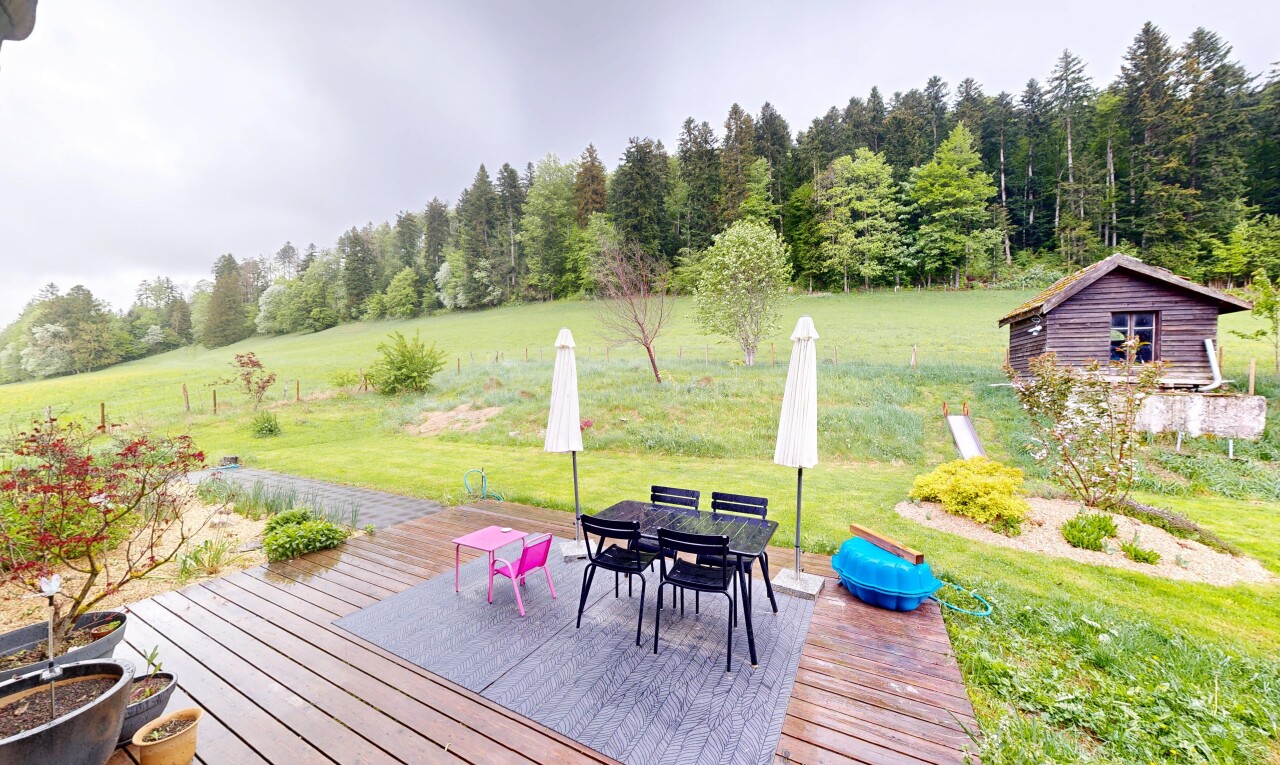 jardin avec from property, coin repas extérieur, terrasse, pelouse, et overcast