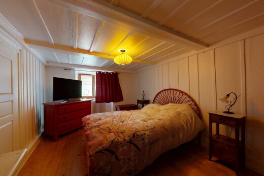 chambre avec wood finish floor, sol en finition bois, inside property, télévision, et paneling wall