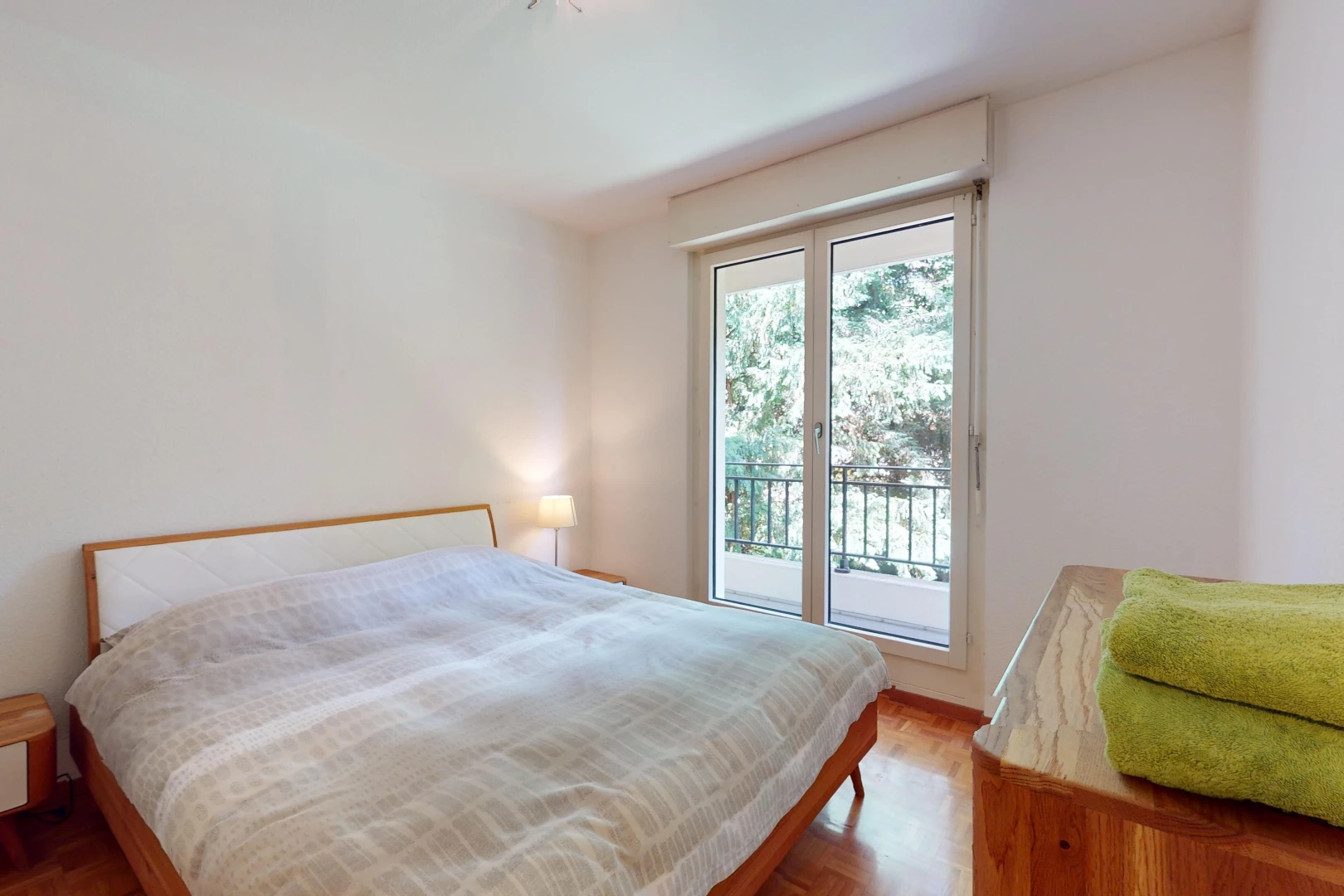 zimmer / schlafzimmer mit parkettboden, außenzugang, und natürliches licht