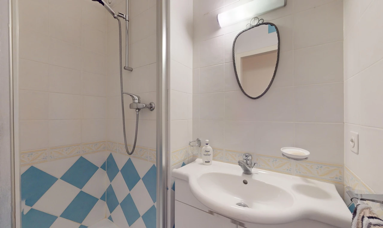 bad mit dusche, waschbecken, und spiegel