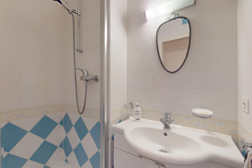 bad mit dusche, waschbecken, und spiegel