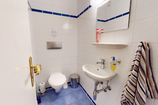 bad mit spiegel, fliesenboden, toilette, und fliesenwand