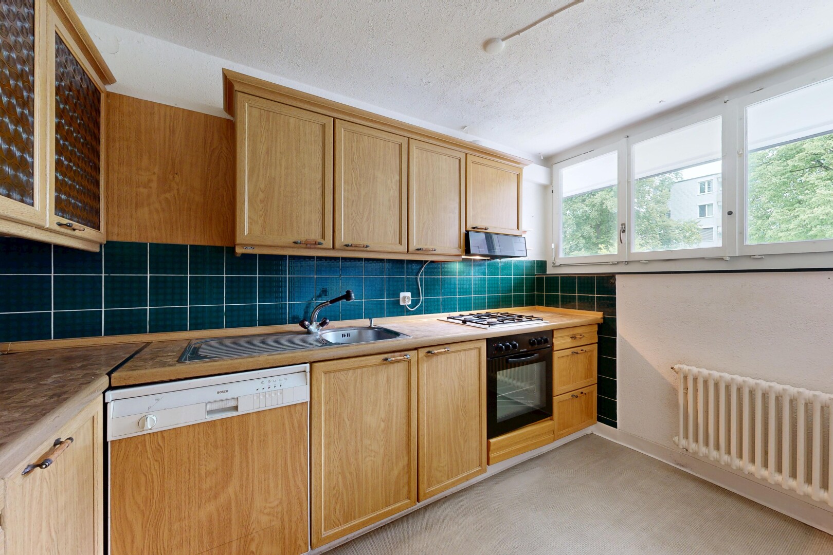 cuisine avec lave-vaisselle, four, radiateur, light floor, et inside property