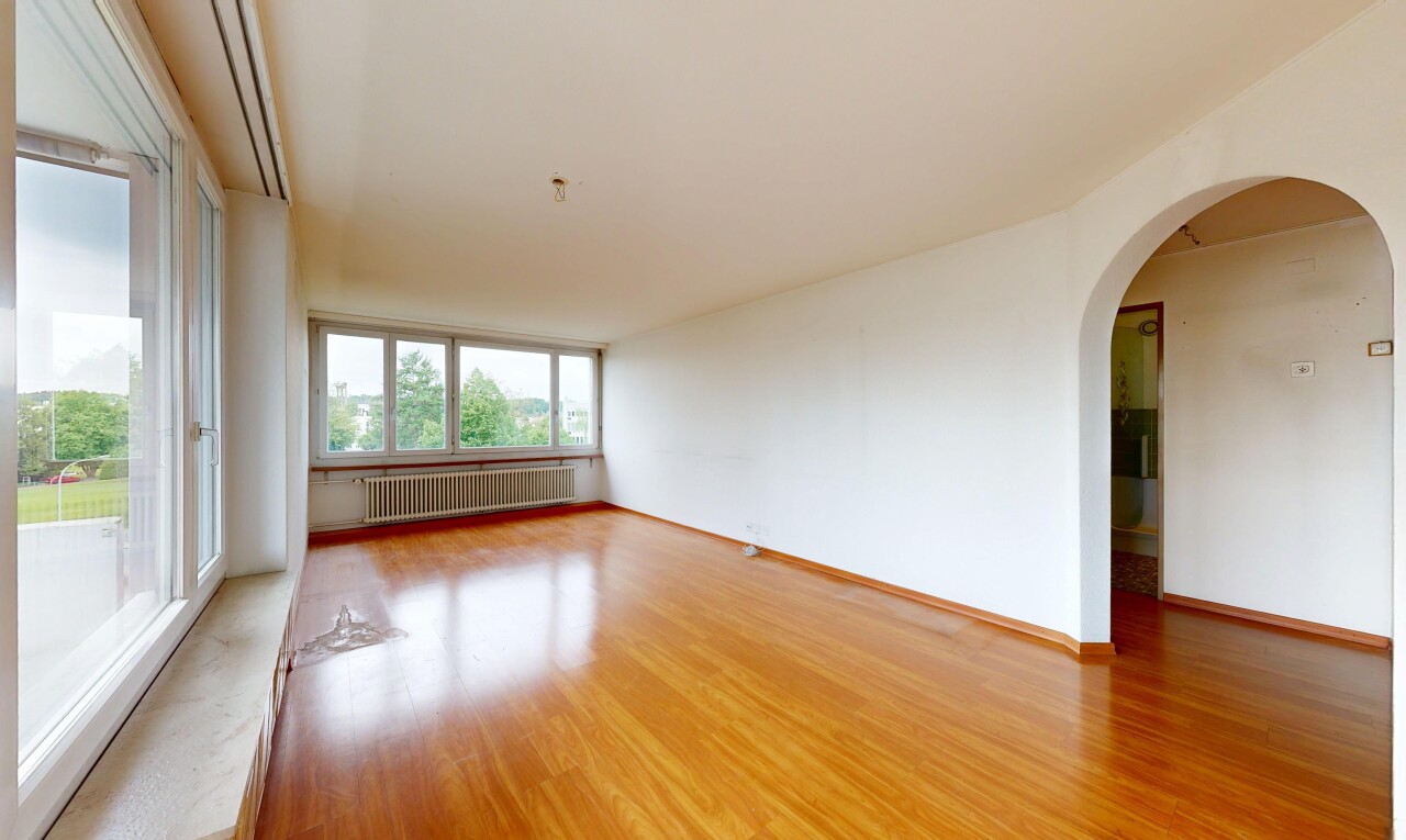 pièce vide avec passages en arc, inside property, sol en finition bois, wood finish floor, et cloison sèche