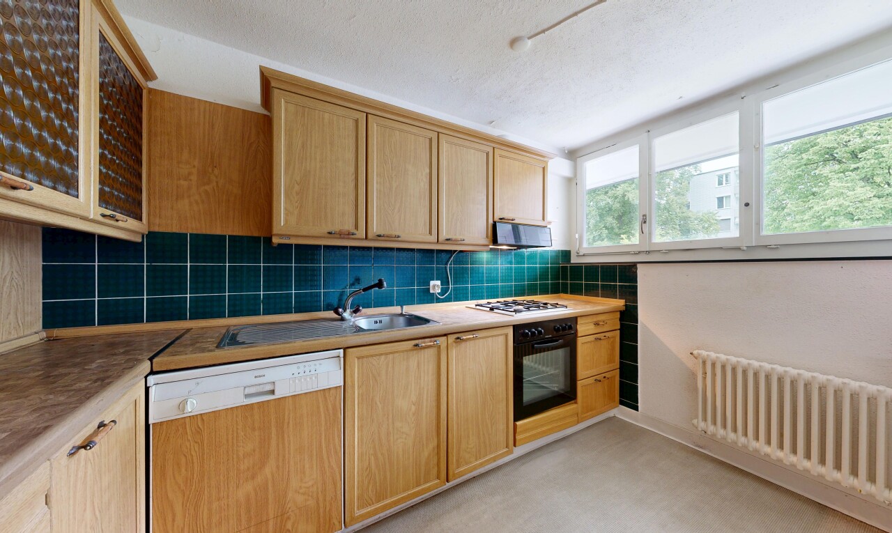 cuisine avec lave-vaisselle, four, radiateur, light floor, et inside property