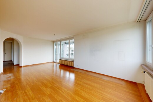 leerer raum mit gewölbte gehwege, wood finish floor, holzfußboden, inside property, und kühler