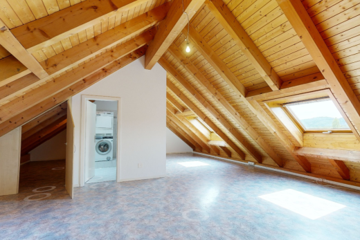 leerer raum mit balkendecke, beamed ceiling, kathedralendecke, cathedral ceiling, und dachschräge