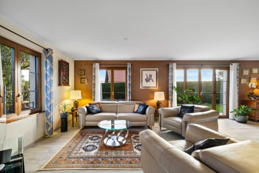 salon avec lumière naturelle et plancher de bois