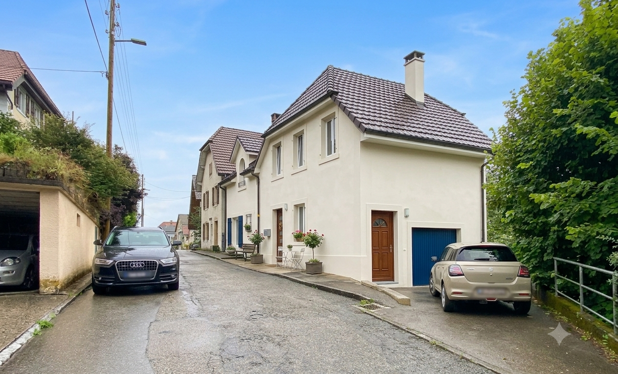 façade avec overcast, aire de stationnement, property visible, et clôture