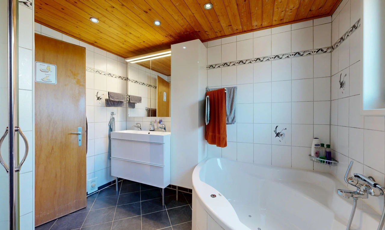full bath featuring wood ceiling, tile walls, a bath, vanity, and recessed lighting